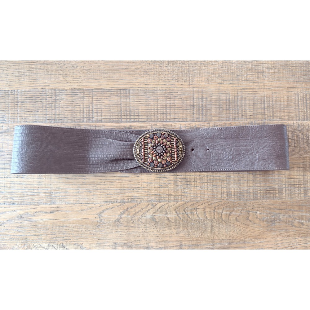 Chicos Womens Wide Brown Leather Belt Beaded Ornate Buckle Boho Lizard Embossed